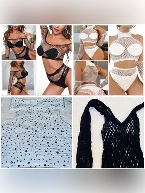 NEW 2 Fishnet Outfit Sets: Black (2PC), White (4PC), One Size (Fits Most)